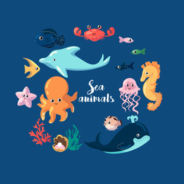 Sea animals. Underwater creatures, cute dolphin and octopus, exotic fishes, jellyfish and starfish, childish collection, elements in circle form, funny characters vector cartoon flat style set