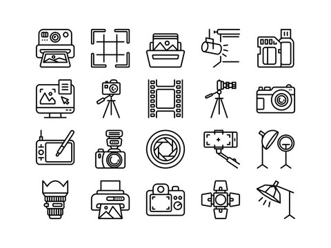 Photo camera icons. Line photography pictograms. Outline portrait studio photographic equipment with cam. Film frame. Selfie symbols. Lens and professional spotlight. Vector signs set