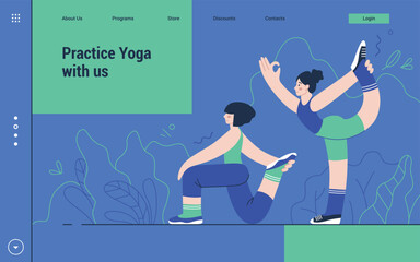 Active sport. Website landing page. Women practicing yoga. Fit health life exercises. Girls in asana. Meditating people. Workout in nature. Vector web interface illustration template