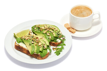 Freshly made Avocado and cream cheese toasts isolated on white background