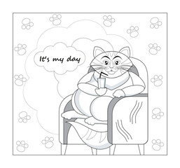 Fat cat sitting in a chair cartoon character coloring book page