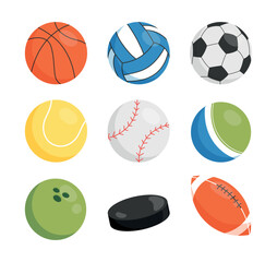 Obraz premium Balls for sports set. Collection of equipment for team sports. Football, tennis, hockey, volleyball, rugby, bowling and basketball. Cartoon flat vector illustrations isolated on white background