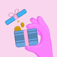 Financial independence. Cartoon hand holding a gift box with coins, coin trading,

money accumulation. 3d illustration.