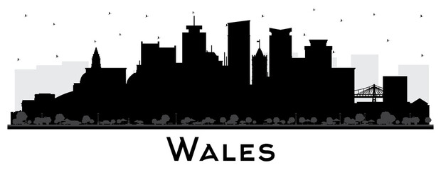 Wales City Skyline Silhouette with Black Buildings Isolated on White.