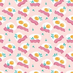 Fried eggs with bacon slices and parsley greens seamless pattern. Simple and great design for any purposes. Hand drawn illustration.