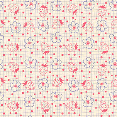 Doodle style strawberries and flowers seamless pattern on grid distorted background. Hippie aesthetic print for fabric, paper, T-shirt. Groovy illustration for decor and design.