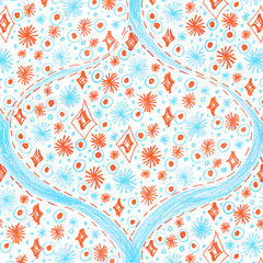 Damask stars rococo vintage pattern, classic damask textile ornament. Blue turquoise electric blue, baby blue, orange white background. Can be used for gift card. - 521572275