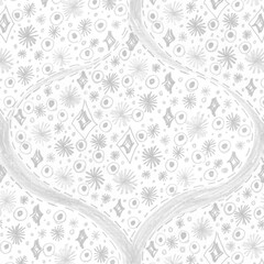 Damask stars rococo vintage pattern, classic damask textile ornament. Gray white background. Can be used for gift card.