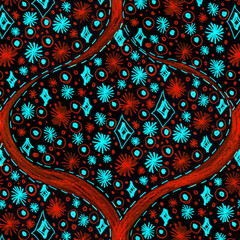 Damask stars rococo vintage pattern, classic damask textile ornament. Blue turquoise electric blue, orange black background. Can be used for gift card. - 521572279
