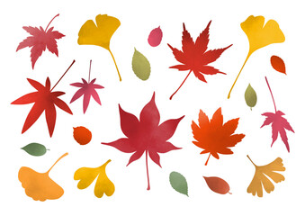 秋の葉っぱのイラストセット/紅葉/落ち葉