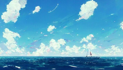 絵画風イラスト 海 青空 雲 鳥 船 波 快晴 夏