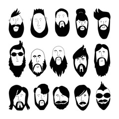 Set of stylish hipsters with different haircuts and beards. Silhouettes, emblems, badges, labels. Vector illustration in doodle style.