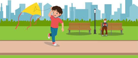 Cute Boy Playing Kites in City Park with His Father