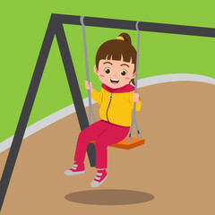 Cute Girl Playing On The Swing In City Park