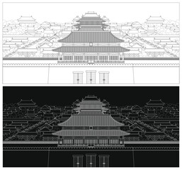 Layered editable vector illustration outline of the Forbidden City in Beijing, China.