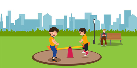 Cute Boys Playing Seesaw In The City Park