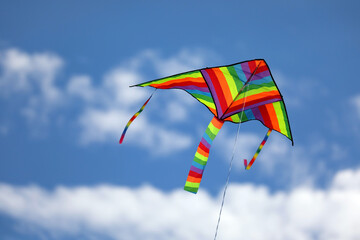 colorful kite with rainbow colors flies in the clear summer sky