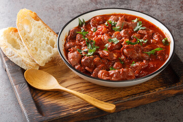 Brazilian portuguese food Moelas Guisadas stewed chicken gizzards in spicy tomato sauce close-up in a bowl on a wooden tray on the table. horizontal