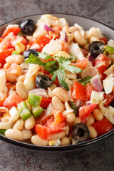 Spanish cod salad Empedrat with white beans, eggs and vegetables close-up in a bowl on the table. Vertical