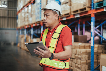 Warehouse Workers Checking Stock with digital Tablet in Logistic center. Asian Male manager wearing safety vests to working about shipment in storehouse, Working in Storage Distribution Center.