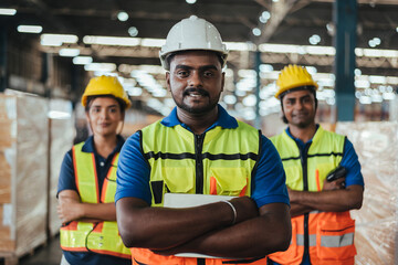 Warehouse Worker Team Standing and Smiling with arms crossed in Logistic center. Indian workers wearing hard hat and safety vests working about shipment in storehouse, Working in Distribution Center.