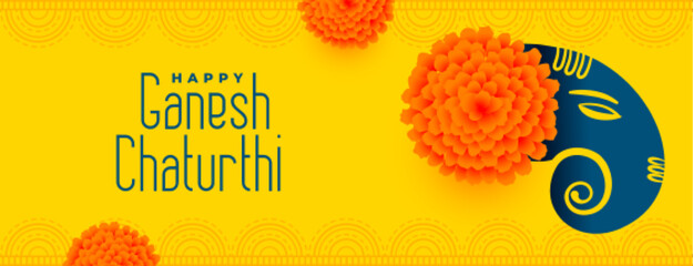 decorative ganesh chaturthi yellow banner with floral design - obrazy, fototapety, plakaty