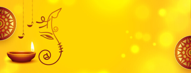 hindu traditional ganesh chaturthi festival yellow banner with diya - obrazy, fototapety, plakaty