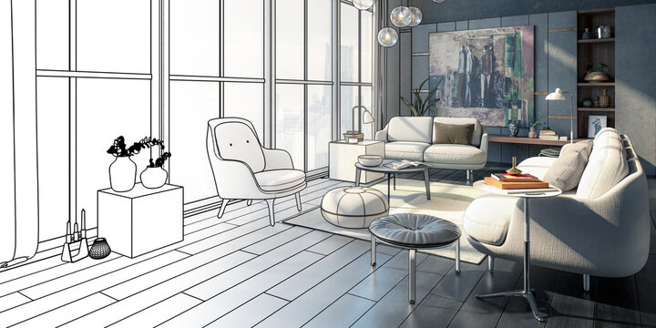 Moderne, Stilvolle Einrichtung eines Panorama-Apartments (Projekt) - panoramische 3D-Visualisierung