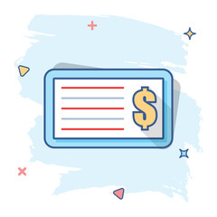 Cartoon money check icon in comic style. Bank checkbook illustration pictogram. Checkbook sign splash business concept.