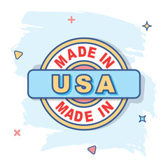 Cartoon made in USA icon in comic style. Manufactured illustration pictogram. Produce sign splash business concept.