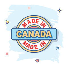 Cartoon made in Canada icon in comic style. Manufactured illustration pictogram. Produce sign splash business concept.