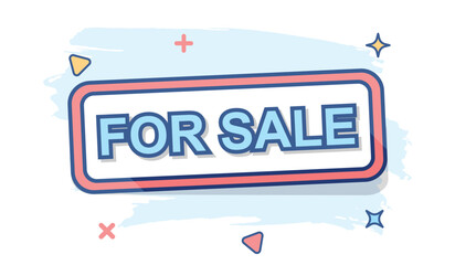 Cartoon colored for sale icon in comic style. Sell illustration pictogram. Market sign splash business concept.