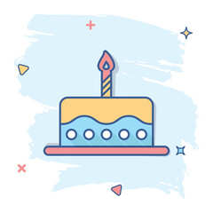 Obraz premium Cartoon birthday cake icon in comic style. Fresh pie muffin sign illustration pictogram. Cupcake business concept.