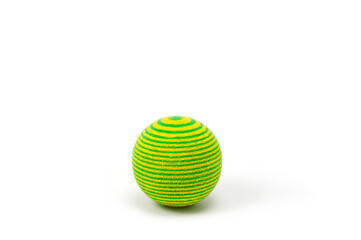 Green pinstriped plastic ball with soft fabric cover for playing with pets.