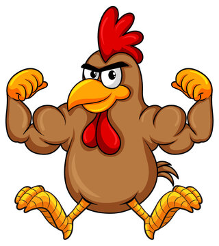 Muscular rooster cartoon character