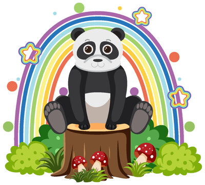 Cute panda on stump in flat cartoon style