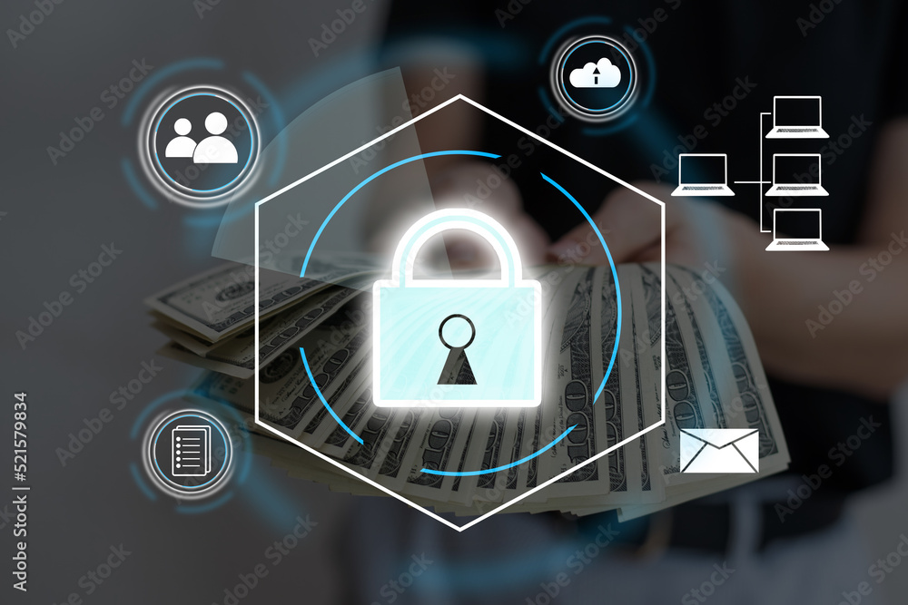 Poster cybersecurity concept global network security technology, business people protect personal informati