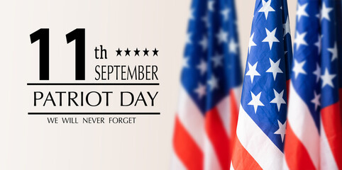 USA Patriot Day illustration. patriotic template for greeting card, flyer, poster, banner. American flag, candle, holiday message, lights. We will never forget the Victims of 9.11 Terrorist Attacks.