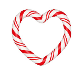 Christmas candy cane heart frame with red and white striped. Xmas border with striped candy lollipop pattern. Blank christmas and new year template. Vector illustration isolated on white background.