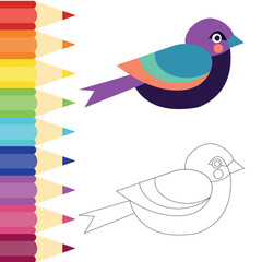 Coloring book for kids bird, colored pencils are in a row. A set of pencils for illustrations, drawing, studying. web banner, sale of posters, postcards, stickers, decor, school decor, EPS 10.
