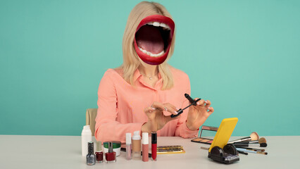 Contemporary art collage. Composition with young woman headed of female mouth blogger does make up, reviews beauty product for video blog, gives advice to girls and women