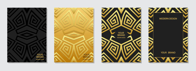 Cover set, vertical templates. Collection of relief backgrounds with 3d pattern, geometric ethnic vintage golden texture. Tribal creativity of the East, Asia, India, Mexico, Aztecs, Peru. - obrazy, fototapety, plakaty