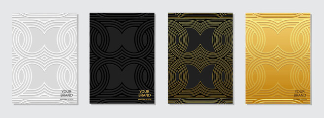 Cover set, vertical templates. Collection of relief backgrounds with 3d pattern, geometric ethnic trendy gold texture from circles. Tribal creativity of the East, Asia, India, Mexico, Aztecs, Peru.