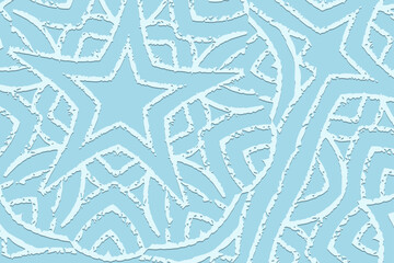 Embossed blue background, ethnic cover design. Geometric decorative 3D pattern, doodling ornaments. Tribal handmade art of the East, Asia, India, Mexico, Aztecs, Peru.
