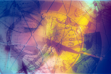 Medicine concept illustration. Abstract measuring scale of vaccination level. Young female doctor or nurses wearing protective mask and goggles. Photo manipulation