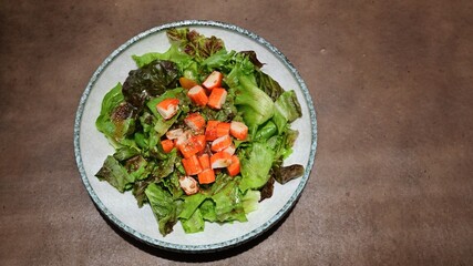 Crab Stick Salad with Japanese Soy Sauce It is a menu that helps in weight loss. Top view.