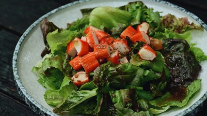 Crab Stick Salad with Japanese Soy Sauce It is a menu that helps in weight loss. Close up.