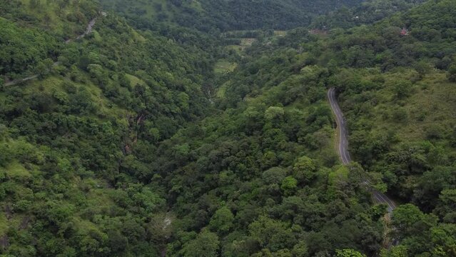 Krajobraz g&oacute;rski, zielone piękne wzg&oacute;rza widok z g&oacute;ry z drogami przez doliny z polami herbaty.