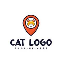 Cartoon cute cat location logo design