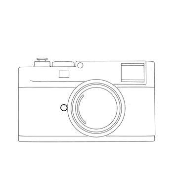 outline sketch of photo retro film Camera by hand writing, isolated on white background
